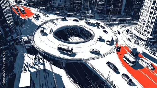 Busy Urban Traffic Flow at Circular Intersection with Roads and Vehicles in Dynamic City Scene