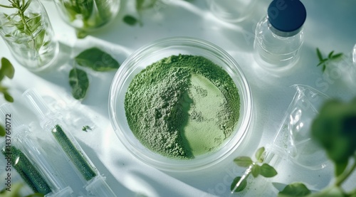 Green powder supplement in a glass bowl surrounded by laboratory equipment and fresh herbs