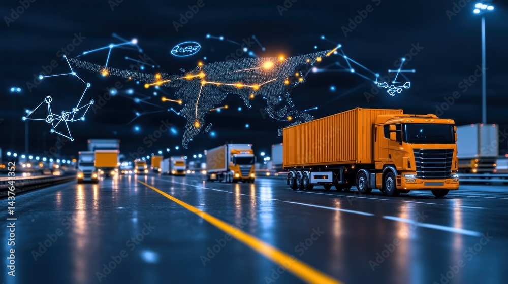 Fototapeta premium Global Logistics: Smart Truck on Highway at Night, Connected World