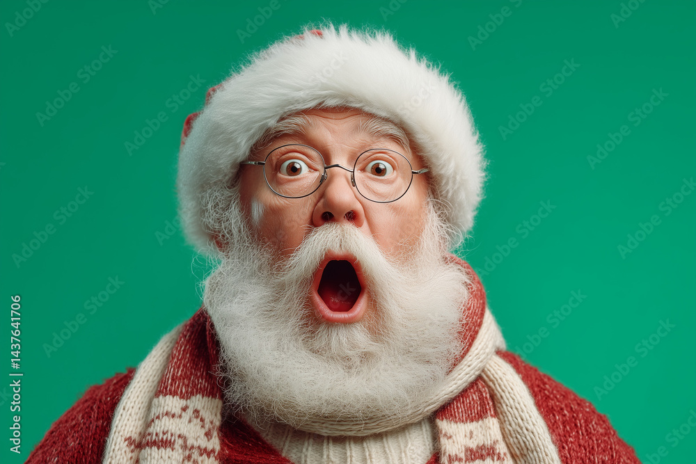 Naklejka premium Surprised Santa Claus on Green Background Capturing Holiday and Christmas Spirit