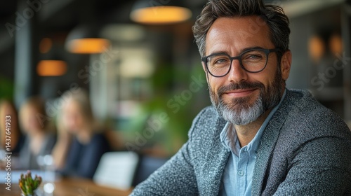 A mid-adult man with a friendly smile, wearing glasses, in a cafe setting.
