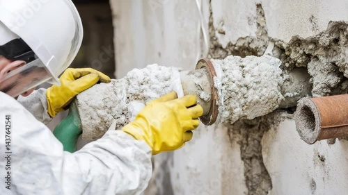 Worker in protective suit removing asbestos insulation from pipes during a renovation process on a damaged wall.