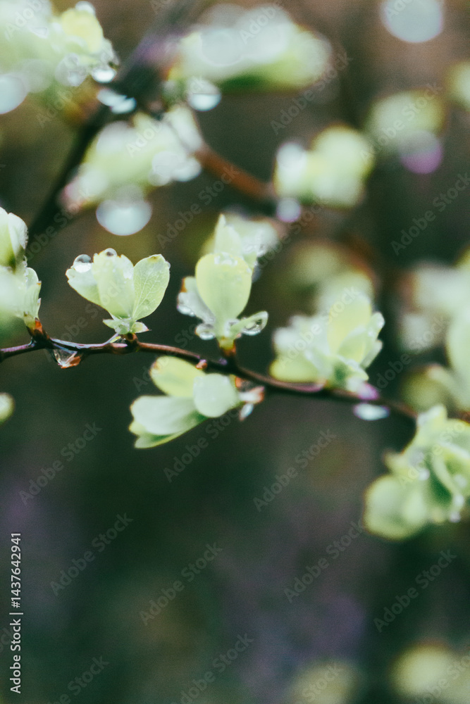 Dew on green leaves close up. Raindrops on bush with young leaves. Fresh nature background. Garden with droplets. Springtime concept. Rainy weather concept. Beautiful morning dew in the meadow.