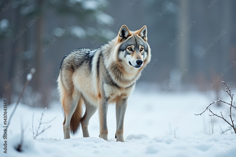 Fototapeta premium Wolf standing in snowy landscape