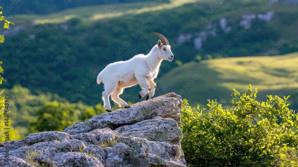 Naklejka premium Young Mountain Goat Exploring Rocky Terrain in Natural Landscape