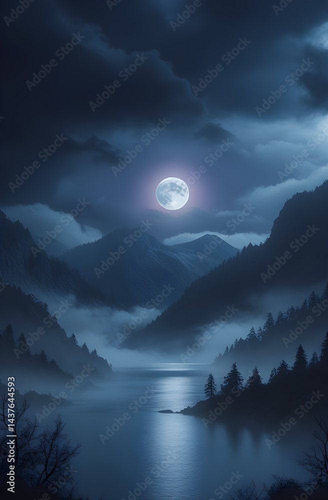 Fototapeta premium Night landscape featuring a moonlit sky over mountains with drifting clouds
