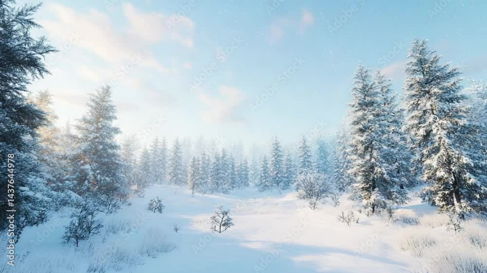 Serene Winter Landscape with Snow-Covered Trees and Gentle Falling Snow Ambiance Serene Winter Landscape with Snow-Covered Trees and Gentle Falling Snow Ambiance