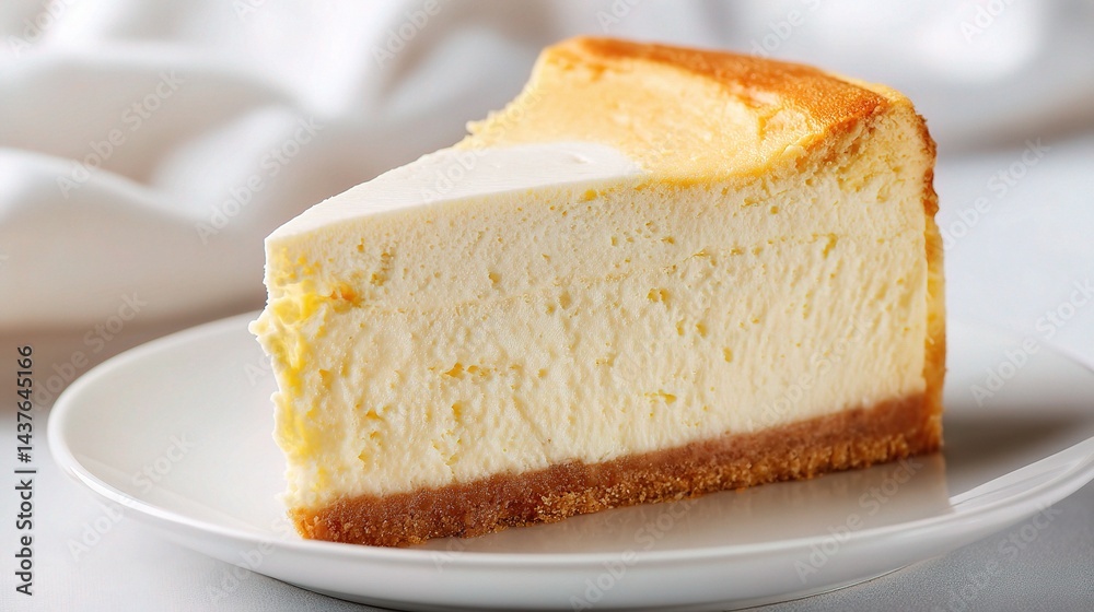 Slice of Creamy Cheesecake with Golden Crust on White Plate Slice of Creamy Cheesecake with Golden Crust on White Plate