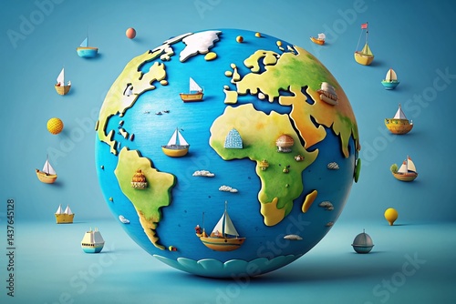 Obraz na płótnie Simple Cartoon Earth with Ships - Blue and Yellow Ocean Scene - Stock Photo w salonie