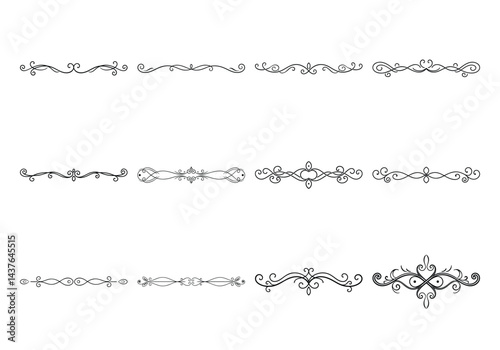 Text delimiters and scroll elements, Graphic underline elements, Vintage divider, vector illustration border