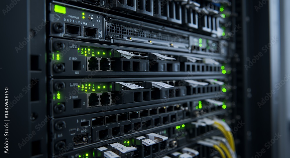 High-Tech Server Rack: Network Infrastructure Close-up High-Tech Server Rack: Network Infrastructure Close-up