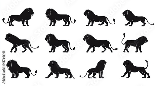 Twelve lion silhouettes, various poses, white background, graphic design