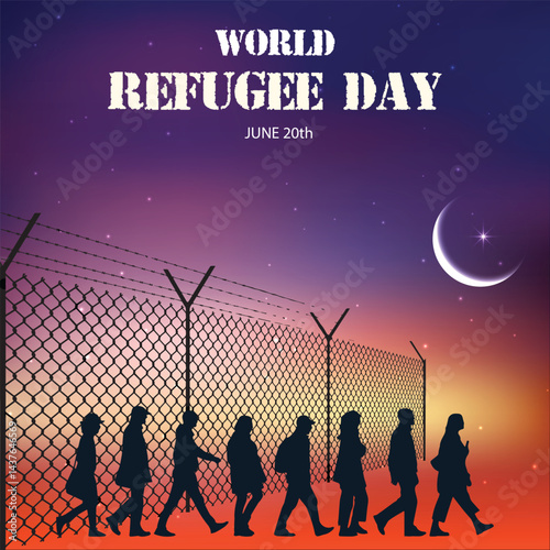 World Refugee DayHorizontal banner with silhouettes of refugeesVector illustrati