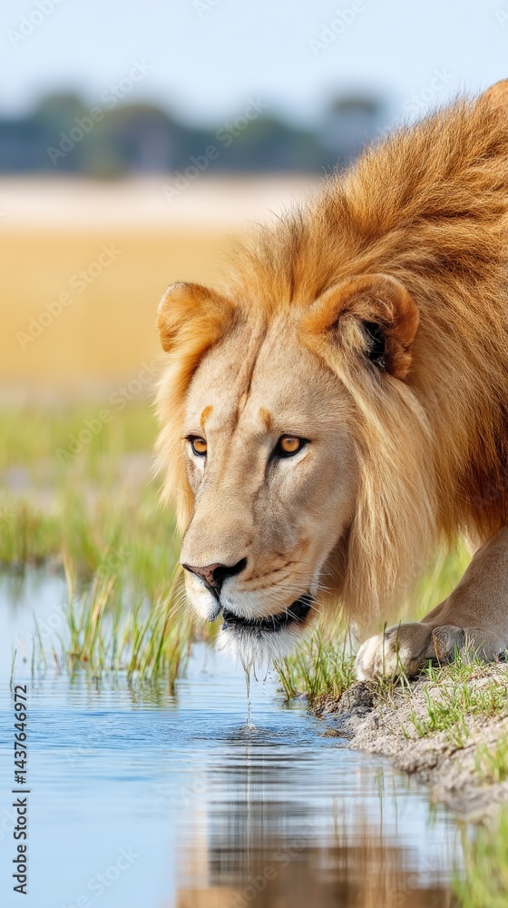 Majestic lion drinking water in african savanna Majestic lion drinking water in african savanna