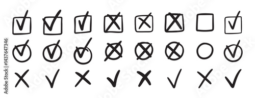 check mark icon set. cross icons set. Hand drawn black strokes marks for check list items. Checkbox. Doodle check mark icon
