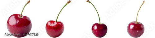 Bright red cherries of different sizes and shapes are arranged against a clean white background, perfect for culinary presentations or fresh fruit displays photo
