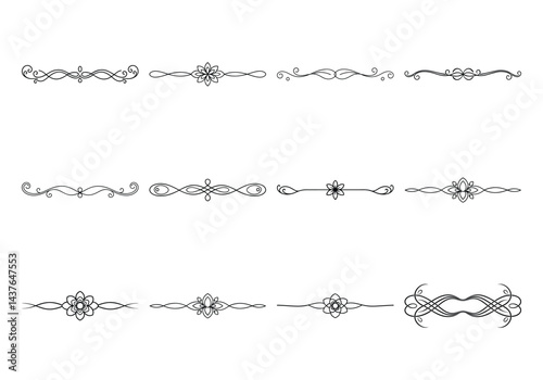 Text delimiters and scroll elements, Graphic underline elements, Vintage divider, vector illustration border
