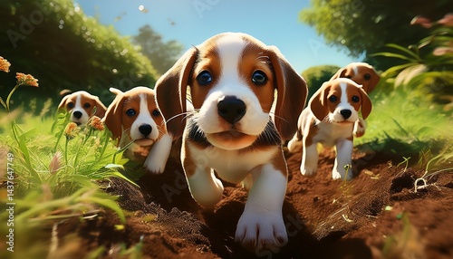 Beagle-Welpen entdecken den Garten