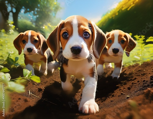 Beagle-Welpen entdecken den Garten