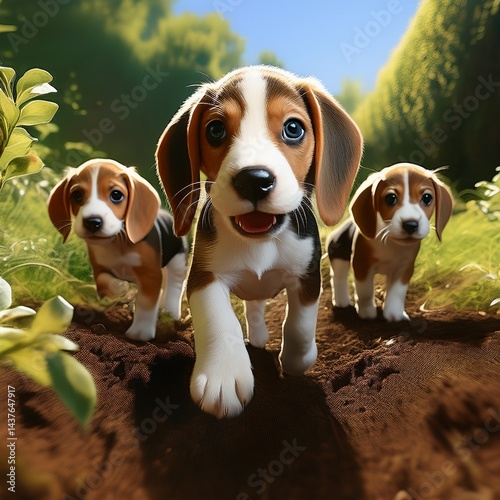 Beagle-Welpen entdecken den Garten