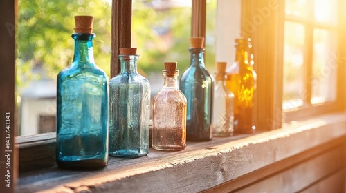 Wallpaper Mural Colorful Glass Bottles on Windowsill with Sunlight and Nature Background Torontodigital.ca