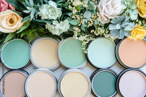 Colorful paint tins arranged with flowers