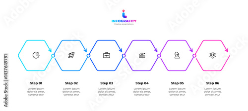 Hexagonal step-by-step timeline infographic featuring icons, gradient colors, and a clean layout for presentations, business strategy, or workflow demonstration