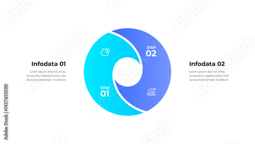 Gradient-themed infographic focuses on showcasing a two step business process with visually appealing circular design and financial-oriented icons, ideal for presentations