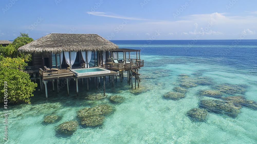 stunning stilt house with wraparound deck overlooking clear turquoise waters, creating serene stunning stilt house with wraparound deck overlooking clear turquoise waters, creating serene
