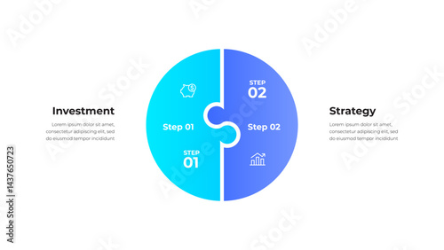 Illustration of a split circular diagram with investment and strategy icons, indicating a two step process. Useful for business presentations, investment strategies, and financial analysis visuals