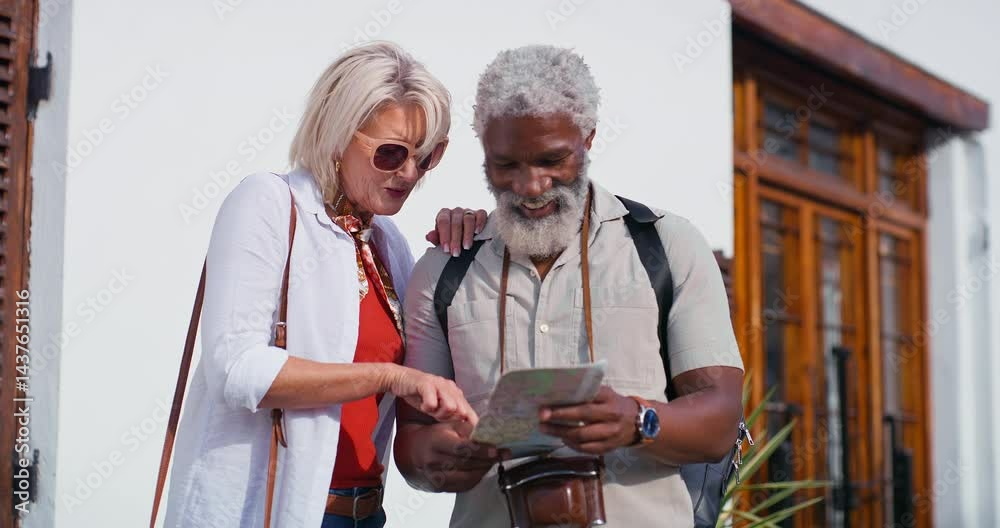 Mature couple, outdoor and map for directions to navigate city as tourist on holiday, break and relax. Multiracial relationship and people with smile or happy for traveling, tour and vacation