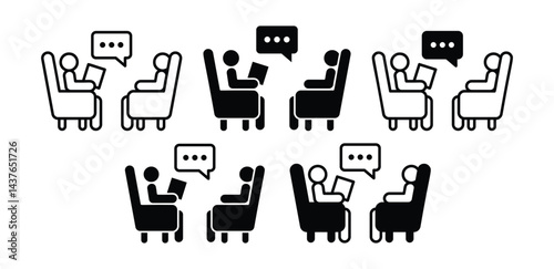Icons Depicting Therapy Sessions Black and White Graphic of Patients and Therapists in Conversation Vector Design