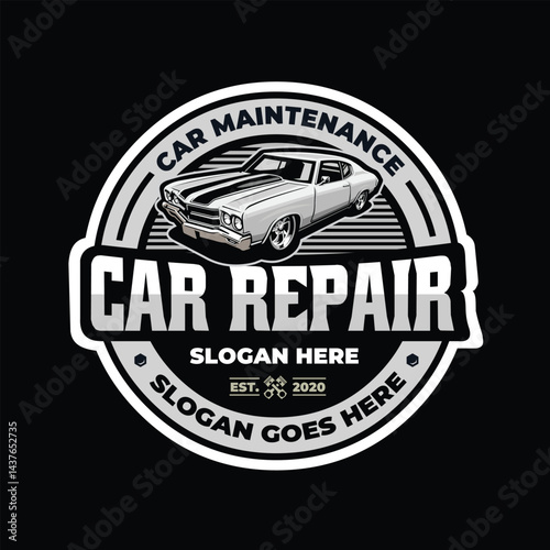 Car repair garage mechanic logo. Muscle car repair emblem logo vector isolated
