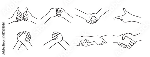 Friendship hand gesture doodle hand drawn icon set. Best friends Outline drawing friendship hand gesture line clipart symbol collection