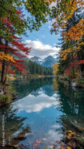 Crisp reflections of fall trees and snow mountains in calm teal alpine lake waters