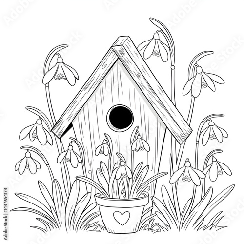 bird house and flowers coloring page 