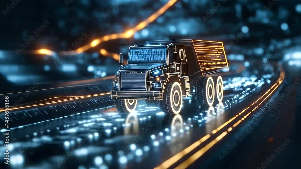 A futuristic mining truck with transparent digital panels displaying real-time excavation analytics, moving through a neon-lit landscape of holographic data.