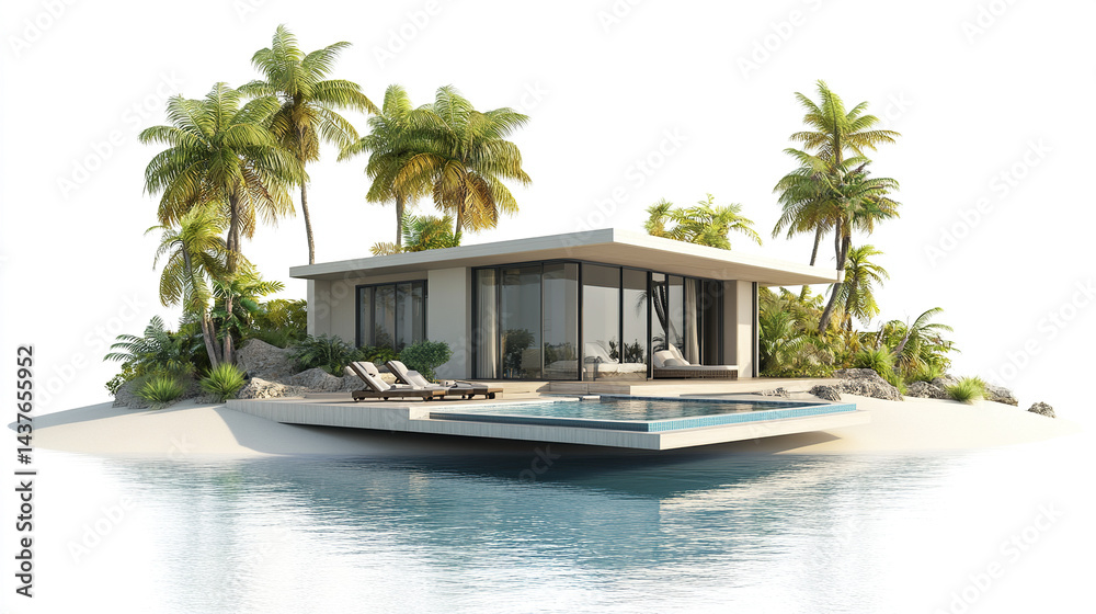 Fototapeta premium modern vacation home surrounded by palm trees and water, exuding tranquility and luxury