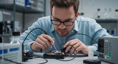 Focused Technician Repairing Computer Hardware in a Laboratory Setting