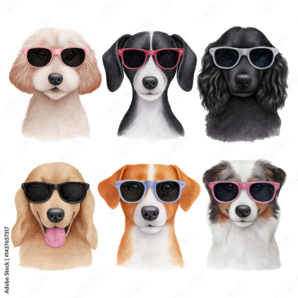 Six Trendy Dogs in Sunglasses Displaying Playful Personalities, isolated on transparent background. Six Trendy Dogs in Sunglasses Displaying Playful Personalities, isolated on transparent background.
