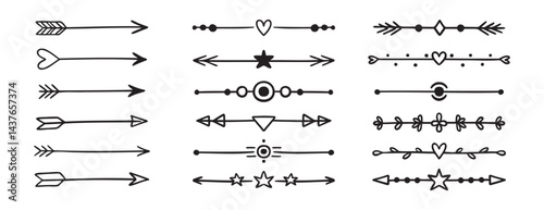 arrow bow doodle sketch scribble direction set heart, arrow, highlight underline text. Cute underlines border