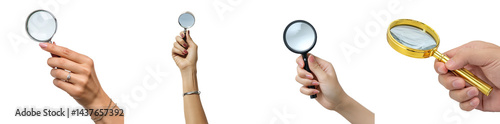 Different magnifying glasses are being held by hands, showcasing the diversity in styles and designs for examination purposes, perfect for schools or hobbies