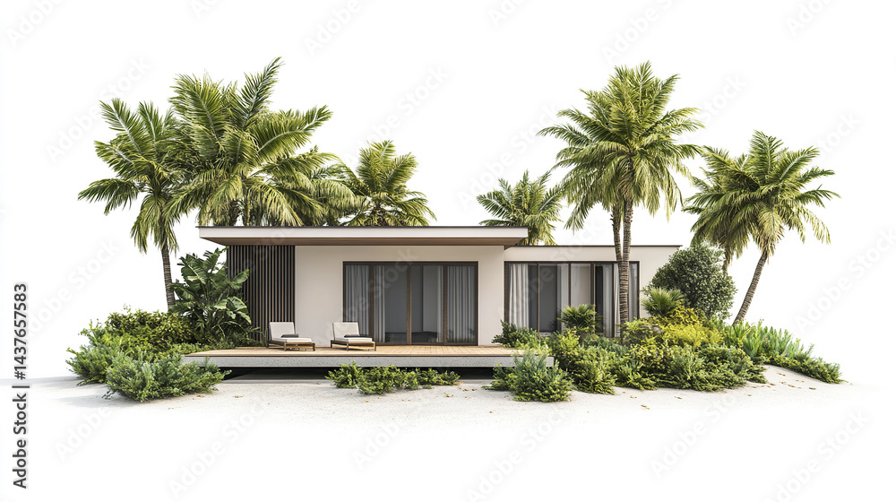 Fototapeta premium modern vacation home surrounded by lush palm trees and greenery, exuding tranquility