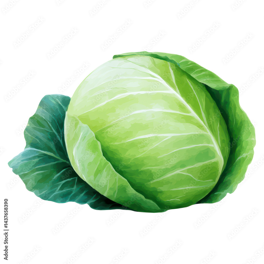 Fototapeta premium Fresh Green Cabbage with Leaves Isolated on White Background, isolated on transparent background.