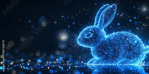 Digital blue rabbit laying in bokeh background for technology, easter, or graphic design