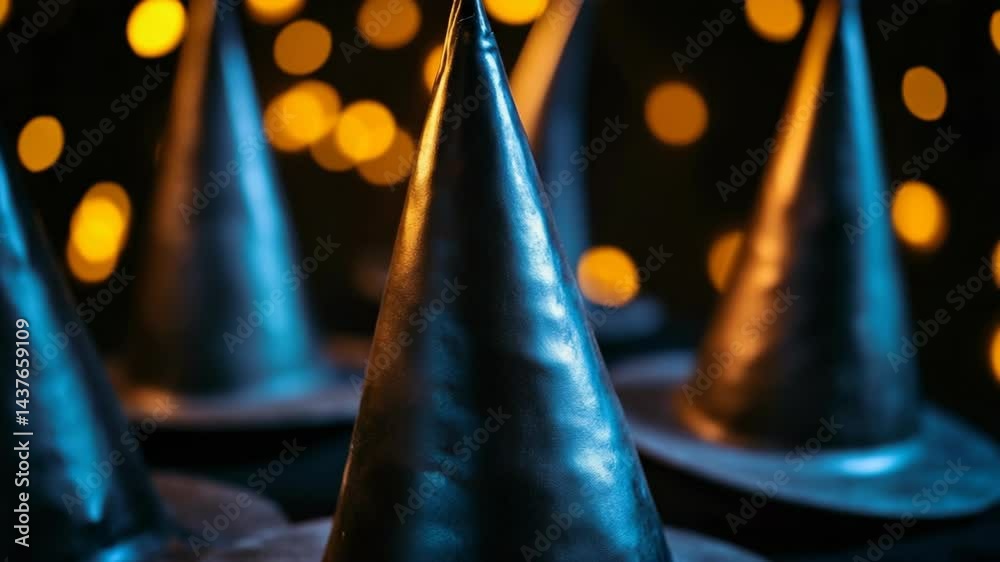 Many pointy hats on a dark surface and blurred lights in the background create a whimsical Halloween or fantasy setting.