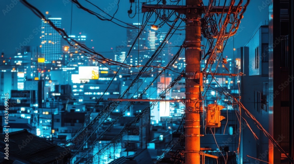 Obraz premium Classic urban scene with a telephone pole loaded with cables, tall Japanese buildings, and brilliant city lights coloring the night.