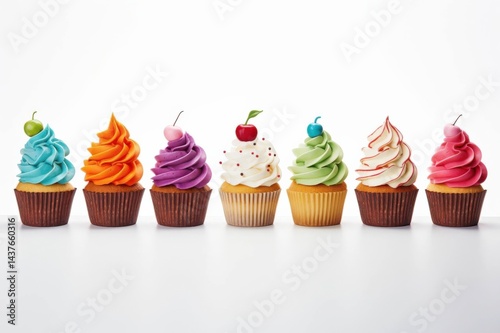 An illustration representing multiple cupcakes, all illustrated in colourful and vibrant colours on a white background 