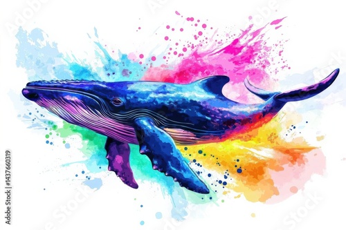 Illustration of a lone whale in vibrant, hypnotic, bright colours, diving in water, isolated on a white background
