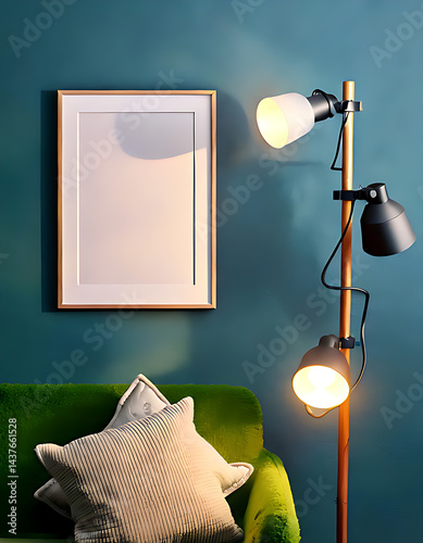 Stylish Interior Corner with a Blank Wooden Frame on a Teal Wall, Modern Multi-Head Floor Lamp Illuminating Textured Pillows on a Vibrant Green Sofa Mockup
